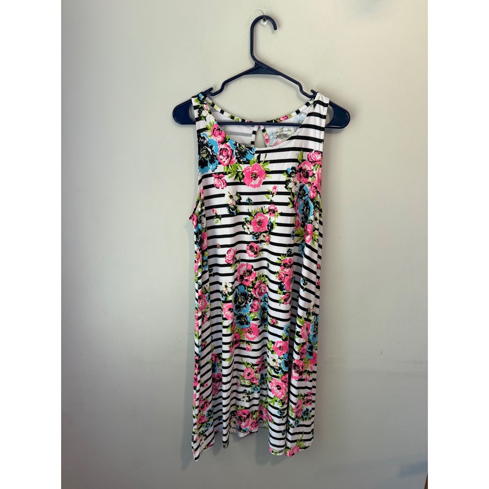 Bobbie Brooks Womens Large Floral Striped Sleeveless Knit Dress Black White Pink